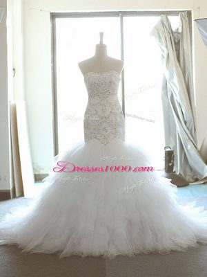 Lovely Strapless Sleeveless Brush Train Lace Up Wedding Dress White Tulle