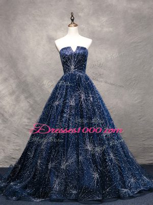 Navy Blue A-line Beading Prom Party Dress Lace Up Tulle Sleeveless