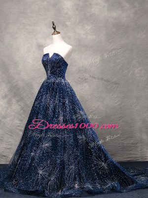 Navy Blue A-line Beading Prom Party Dress Lace Up Tulle Sleeveless