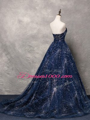 Navy Blue A-line Beading Prom Party Dress Lace Up Tulle Sleeveless