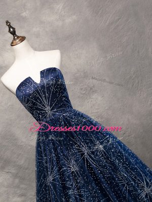 Navy Blue A-line Beading Prom Party Dress Lace Up Tulle Sleeveless