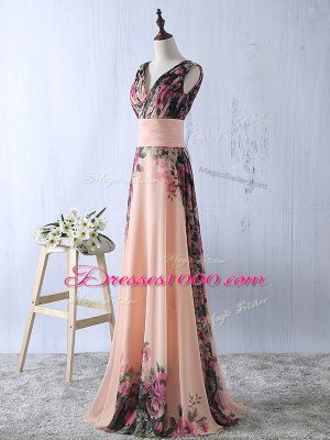 Sleeveless Floor Length Ruching Lace Up Prom Gown with Peach