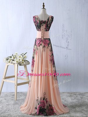 Sleeveless Floor Length Ruching Lace Up Prom Gown with Peach