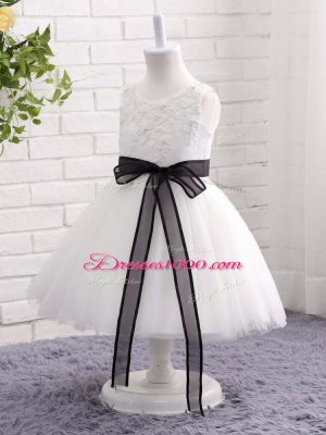 White Ball Gowns Lace and Bowknot Child Pageant Dress Zipper Tulle Sleeveless Mini Length