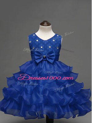 Great Lace and Ruffled Layers and Bowknot Little Girl Pageant Dress Royal Blue Zipper Sleeveless Knee Length