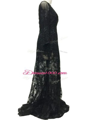 Excellent Backless Mother Dresses Black for Prom and Party and Sweet 16 with Lace and Belt Brush Train