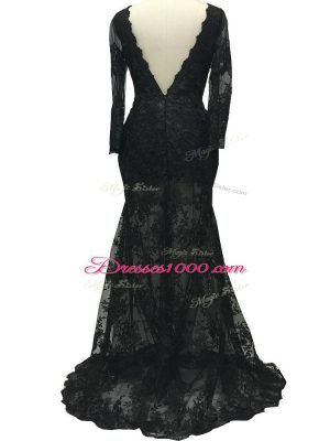 Excellent Backless Mother Dresses Black for Prom and Party and Sweet 16 with Lace and Belt Brush Train