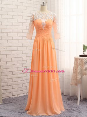 Orange Homecoming Dress Prom and Party and Military Ball with Lace and Appliques and Ruching Bateau Long Sleeves Zipper