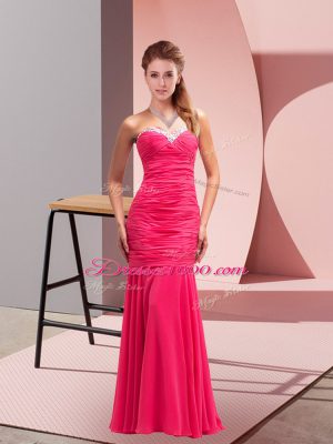 Modest Hot Pink Chiffon Lace Up Sweetheart Sleeveless Floor Length Prom Gown Sequins