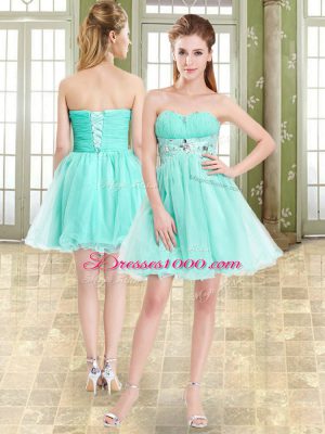 Apple Green A-line Organza and Chiffon Sweetheart Sleeveless Beading Mini Length Lace Up Prom Dresses
