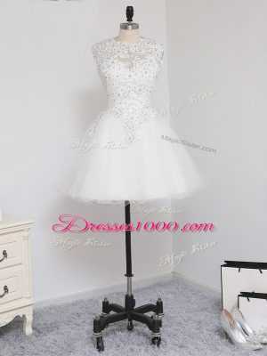 Sexy White A-line Beading and Lace and Appliques Homecoming Dress Zipper Tulle Sleeveless Mini Length