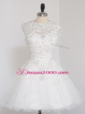 Sexy White A-line Beading and Lace and Appliques Homecoming Dress Zipper Tulle Sleeveless Mini Length