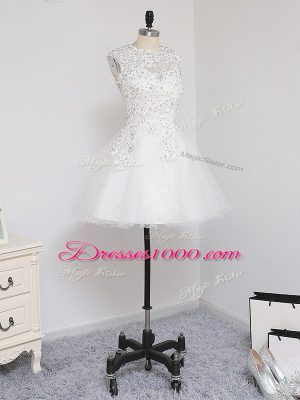 Sexy White A-line Beading and Lace and Appliques Homecoming Dress Zipper Tulle Sleeveless Mini Length