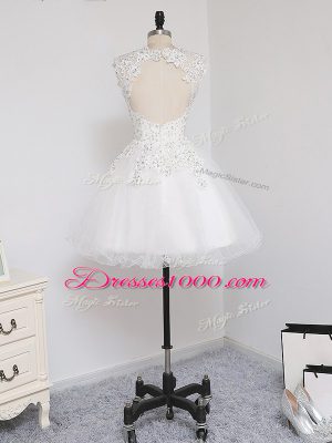 Sexy White A-line Beading and Lace and Appliques Homecoming Dress Zipper Tulle Sleeveless Mini Length