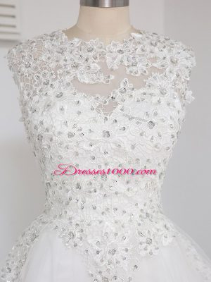 Sexy White A-line Beading and Lace and Appliques Homecoming Dress Zipper Tulle Sleeveless Mini Length