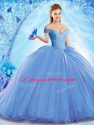 Romantic Blue Lace Up Off The Shoulder Beading Sweet 16 Dresses Organza Sleeveless Brush Train