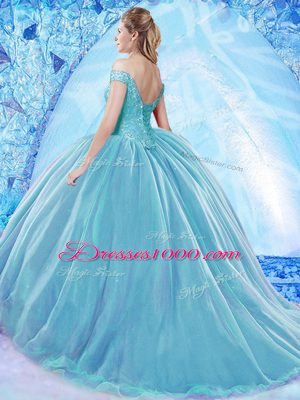 Romantic Blue Lace Up Off The Shoulder Beading Sweet 16 Dresses Organza Sleeveless Brush Train