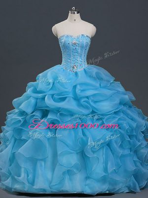 Colorful Baby Blue Sweetheart Neckline Beading and Ruffles and Pick Ups Quinceanera Gown Sleeveless Lace Up