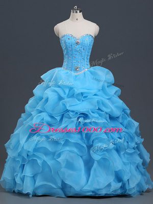 Colorful Baby Blue Sweetheart Neckline Beading and Ruffles and Pick Ups Quinceanera Gown Sleeveless Lace Up