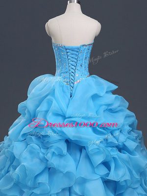 Colorful Baby Blue Sweetheart Neckline Beading and Ruffles and Pick Ups Quinceanera Gown Sleeveless Lace Up
