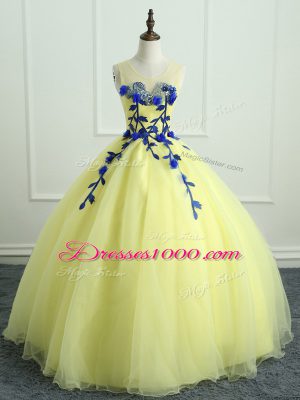 On Sale Hand Made Flower 15th Birthday Dress Light Yellow Lace Up Sleeveless Floor Length