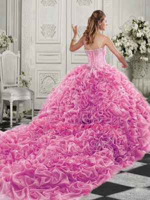 Lavender Sleeveless Court Train Beading and Ruffles Quinceanera Dress