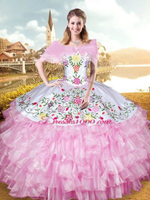 Romantic Embroidery and Ruffled Layers 15 Quinceanera Dress Rose Pink Lace Up Sleeveless Floor Length