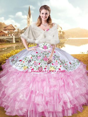 Romantic Embroidery and Ruffled Layers 15 Quinceanera Dress Rose Pink Lace Up Sleeveless Floor Length