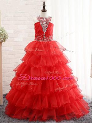 Affordable Halter Top Sleeveless Pageant Gowns For Girls Floor Length Beading and Ruffled Layers Red Organza