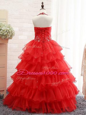 Affordable Halter Top Sleeveless Pageant Gowns For Girls Floor Length Beading and Ruffled Layers Red Organza