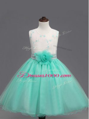 Sleeveless Knee Length Appliques and Hand Made Flower Zipper Womens Party Dresses with Apple Green