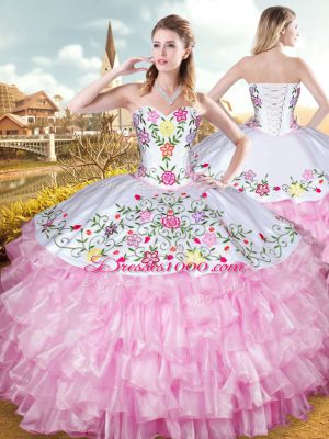 Custom Made Sweetheart Sleeveless Lace Up Quinceanera Dress Rose Pink Organza and Taffeta