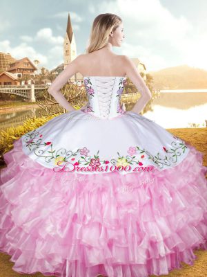 Custom Made Sweetheart Sleeveless Lace Up Quinceanera Dress Rose Pink Organza and Taffeta