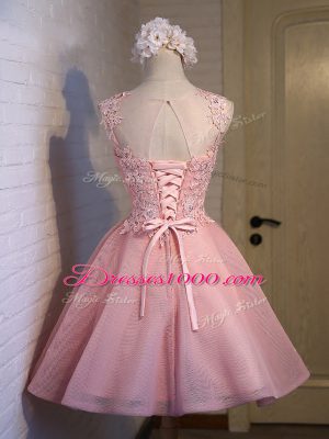 Designer Sleeveless Mini Length Lace Lace Up Wedding Party Dress with Pink