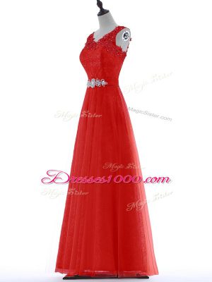 V-neck Sleeveless Prom Dress Floor Length Beading and Lace Red Tulle