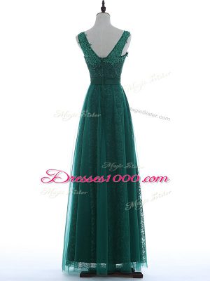 V-neck Sleeveless Prom Dress Floor Length Beading and Lace Red Tulle