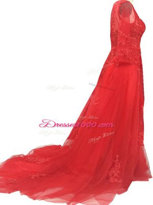 Pretty Red A-line Bateau Long Sleeves Tulle Brush Train Zipper Lace and Appliques and Belt Prom Gown