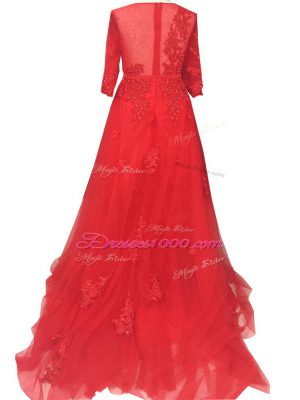 Pretty Red A-line Bateau Long Sleeves Tulle Brush Train Zipper Lace and Appliques and Belt Prom Gown