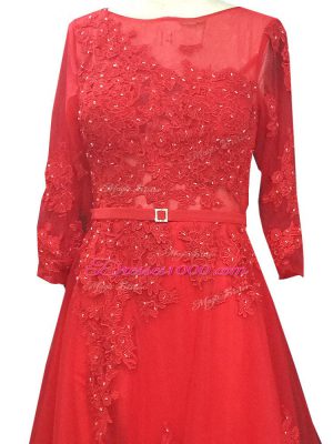 Pretty Red A-line Bateau Long Sleeves Tulle Brush Train Zipper Lace and Appliques and Belt Prom Gown