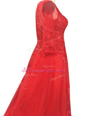 Pretty Red A-line Bateau Long Sleeves Tulle Brush Train Zipper Lace and Appliques and Belt Prom Gown