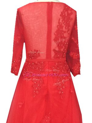 Pretty Red A-line Bateau Long Sleeves Tulle Brush Train Zipper Lace and Appliques and Belt Prom Gown