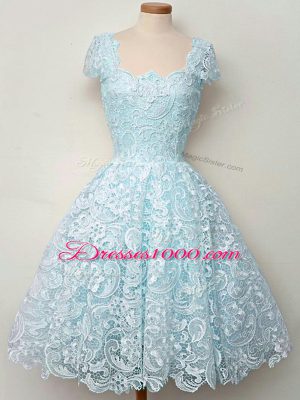 Fashion Knee Length Lace Up Bridesmaids Dress Aqua Blue for Prom and Party and Wedding Party with Lace