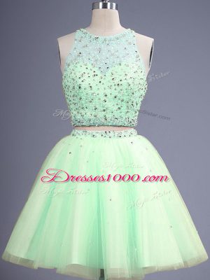 Trendy Yellow Green Two Pieces Scoop Sleeveless Tulle Knee Length Lace Up Beading Damas Dress