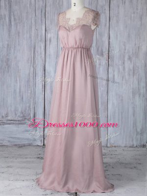 Pink Chiffon Clasp Handle Bridesmaid Dresses Short Sleeves Floor Length Lace