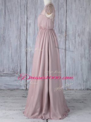 Pink Chiffon Clasp Handle Bridesmaid Dresses Short Sleeves Floor Length Lace