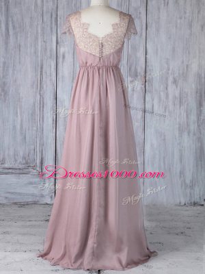 Pink Chiffon Clasp Handle Bridesmaid Dresses Short Sleeves Floor Length Lace