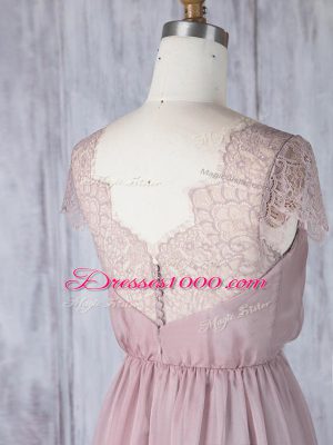 Pink Chiffon Clasp Handle Bridesmaid Dresses Short Sleeves Floor Length Lace