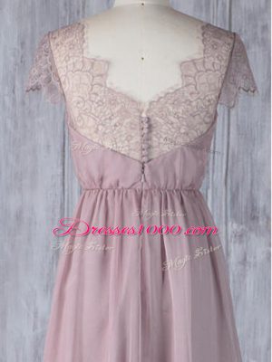 Pink Chiffon Clasp Handle Bridesmaid Dresses Short Sleeves Floor Length Lace