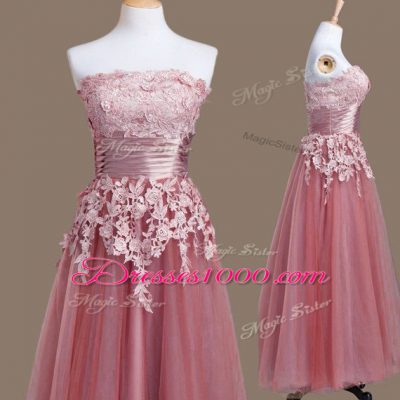 Pink Empire Tulle Strapless Sleeveless Appliques Tea Length Lace Up Dama Dress