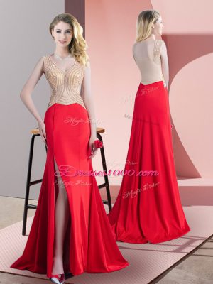 Nice Red Dress for Prom Prom and Party and Military Ball with Beading Scoop Sleeveless Brush Train Zipper